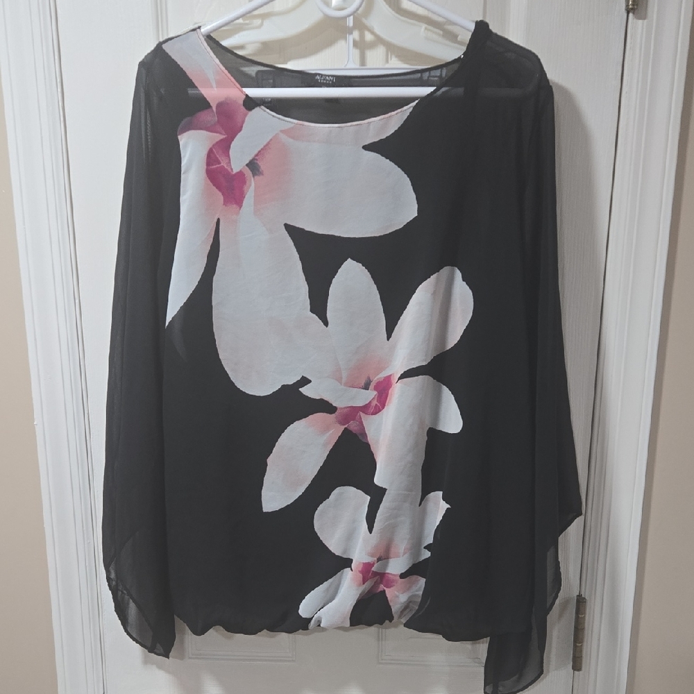 Alfani Black Top with Pink and White Floral Design